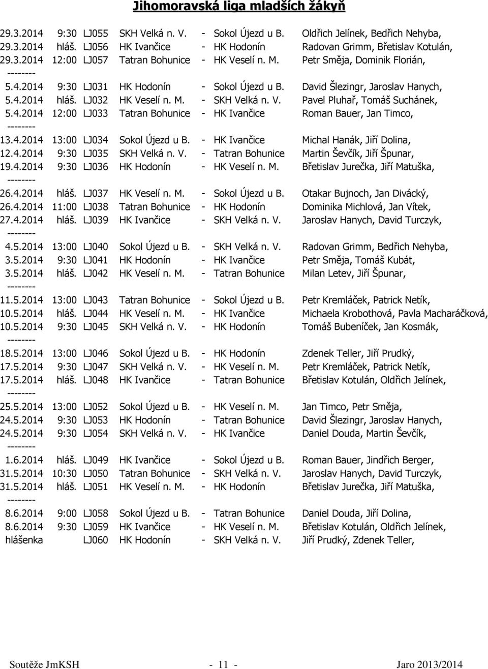 David Šlezingr, Jaroslav Hanych, 5.4.2014 hláš. LJ032 HK Veselí n. M. - SKH Velká n. V. Pavel Pluhař, Tomáš Suchánek, 5.4.2014 12:00 LJ033 Tatran Bohunice - HK Ivančice Roman Bauer, Jan Timco, 13.4.2014 13:00 LJ034 Sokol Újezd u B.
