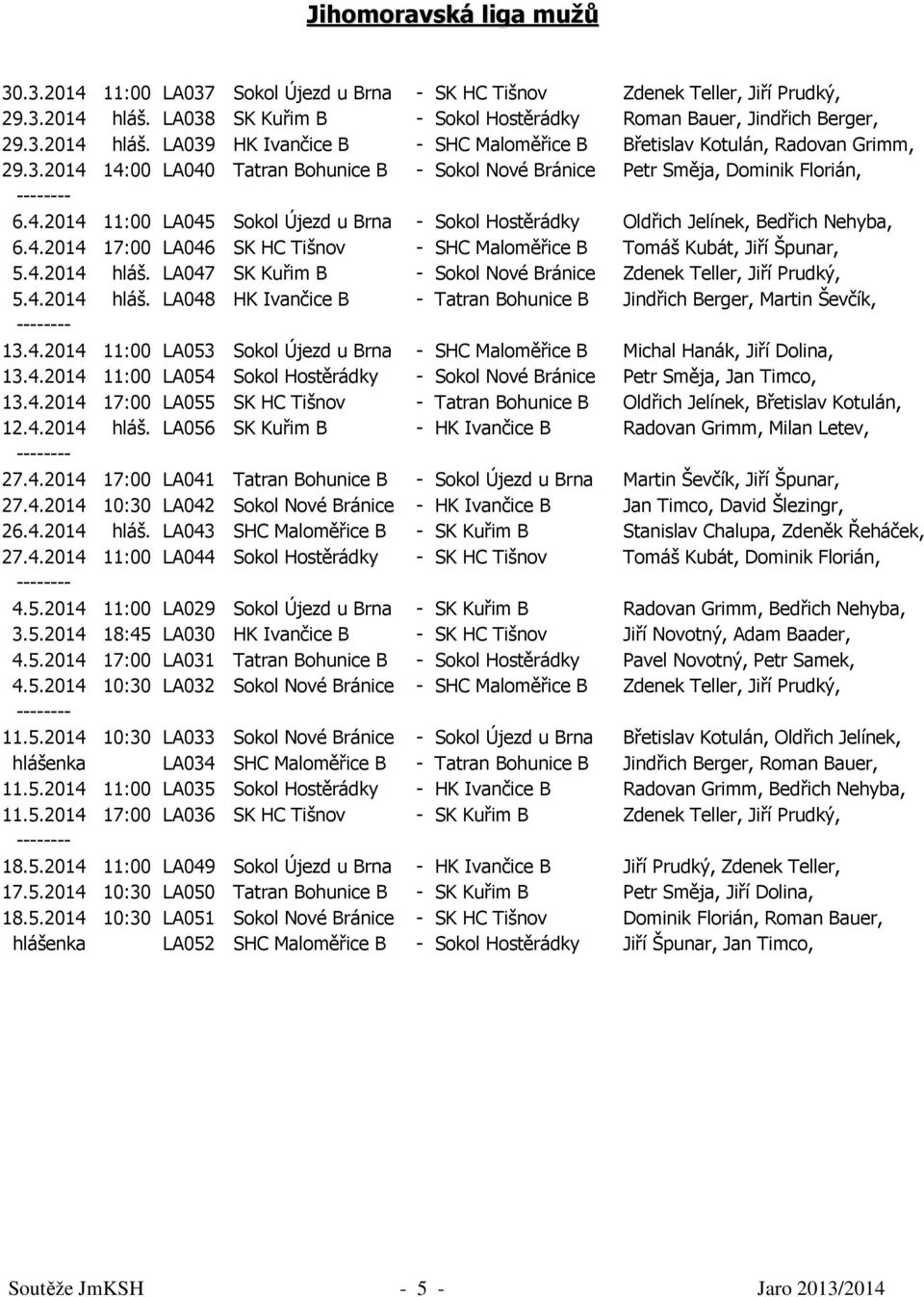 4.2014 hláš. LA047 SK Kuřim B - Sokol Nové Bránice Zdenek Teller, Jiří Prudký, 5.4.2014 hláš. LA048 HK Ivančice B - Tatran Bohunice B Jindřich Berger, Martin Ševčík, 13.4.2014 11:00 LA053 Sokol Újezd u Brna - SHC Maloměřice B Michal Hanák, Jiří Dolina, 13.