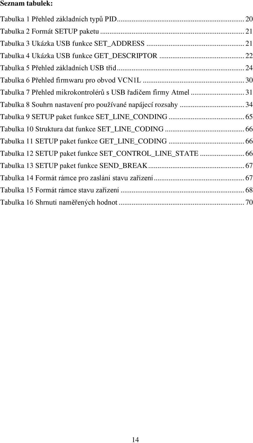 .. 31 Tabulka 8 Souhrn nastavení pro používané napájecí rozsahy... 34 Tabulka 9 SETUP paket funkce SET_LINE_CONDING... 65 Tabulka 10 Struktura dat funkce SET_LINE_CODING.