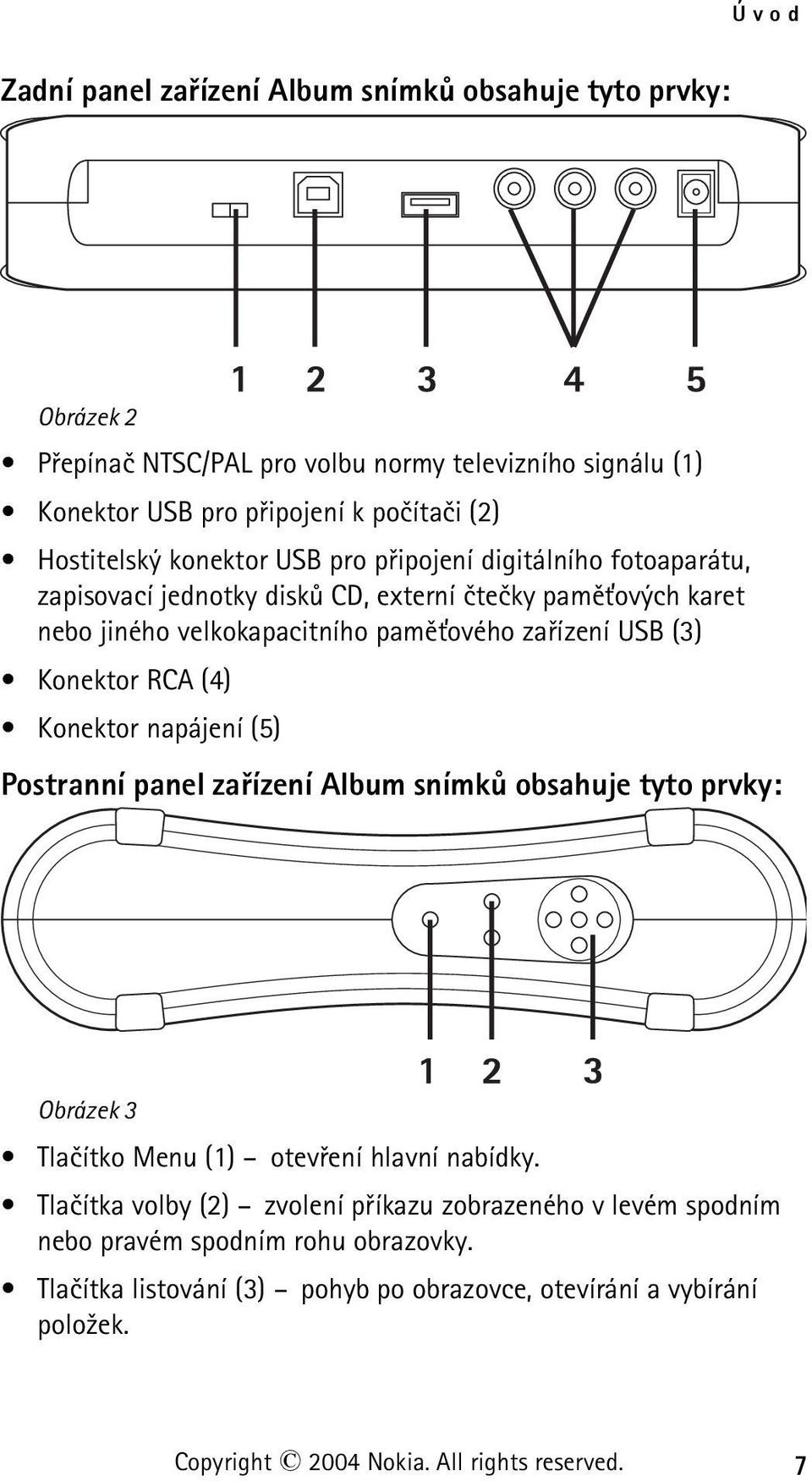 zaøízení USB (3) Konektor RCA (4) Konektor napájení (5) Postranní panel zaøízení Album snímkù obsahuje tyto prvky: Obrázek 3 Tlaèítko Menu (1) otevøení hlavní nabídky.