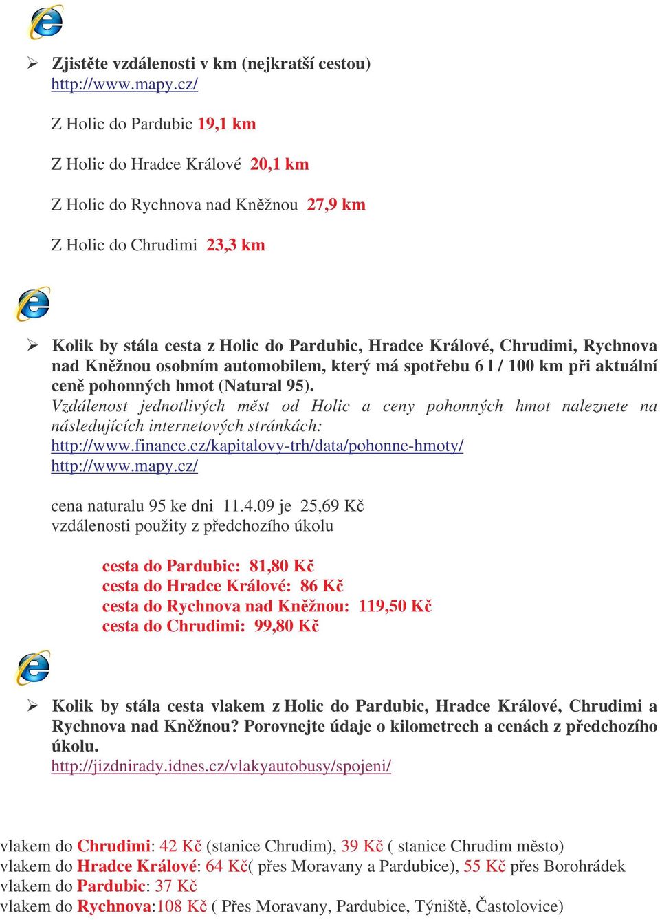 Chrudimi, Rychnova nad Knžnou osobním automobilem, který má spotebu 6 l / 100 km pi aktuální cen pohonných hmot (Natural 95).