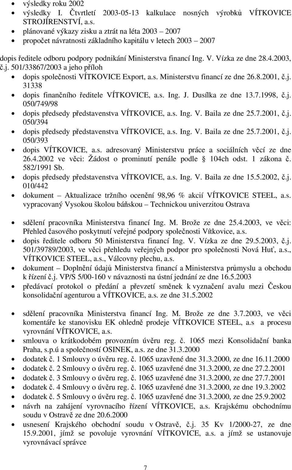 J. Dusílka ze dne 13.7.1998, č.j. 050/749/98 dopis předsedy představenstva VÍTKOVICE, a.s. Ing. V. Baila ze dne 25.7.2001, č.j. 050/394 dopis předsedy představenstva VÍTKOVICE, a.s. Ing. V. Baila ze dne 25.7.2001, č.j. 050/393 dopis VÍTKOVICE, a.