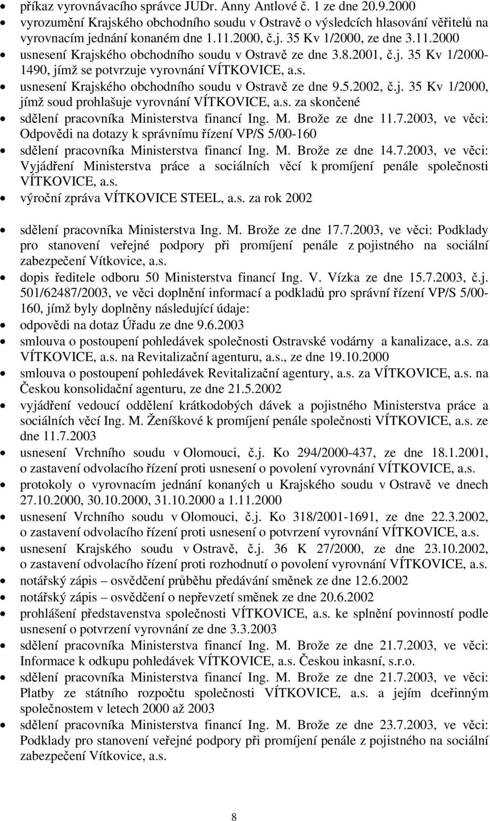 j. 35 Kv 1/2000, jímž soud prohlašuje vyrovnání VÍTKOVICE, a.s. za skončené sdělení pracovníka Ministerstva financí Ing. M. Brože ze dne 11.7.