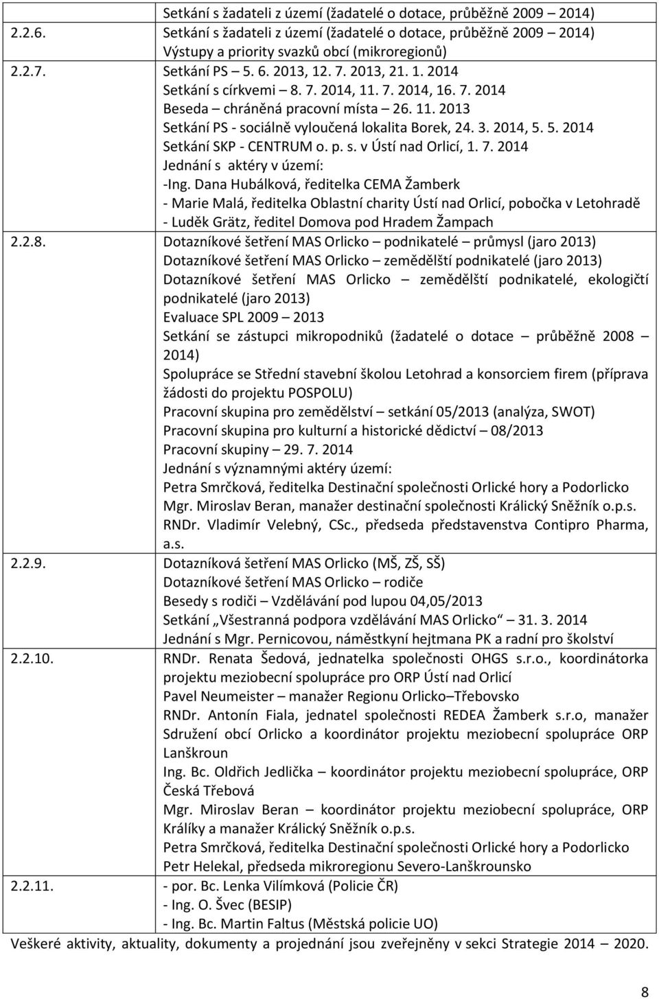 3. 2014, 5. 5. 2014 Setkání SKP - CENTRUM o. p. s. v Ústí nad Orlicí, 1. 7. 2014 Jednání s aktéry v území: -Ing.