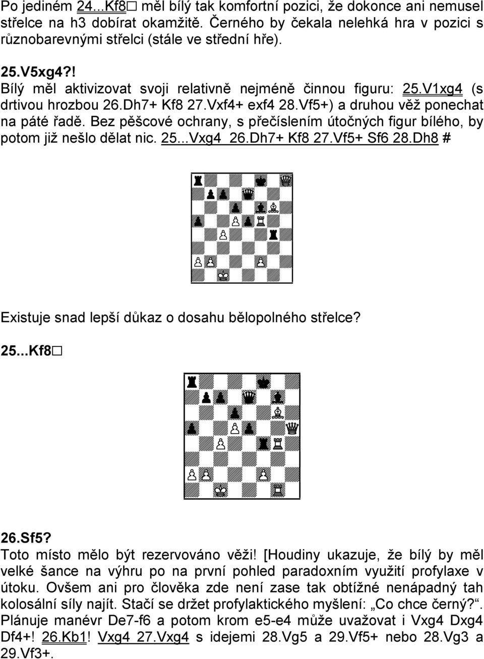 Bez pěšcové ochrany, s přečíslením útočných figur bílého, by potom již nešlo dělat nic. 25...Vxg4 26.Dh7+ Kf8 27.Vf5+ Sf6 28.
