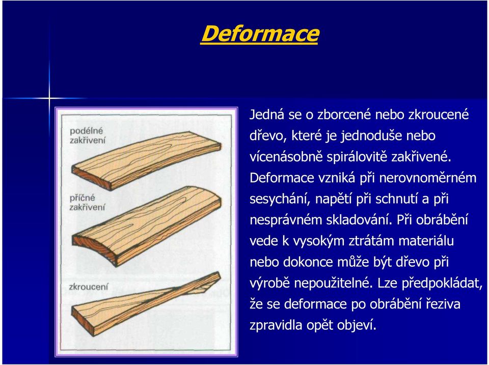 Deformace vzniká při nerovnoměrném sesychání, napětí při schnutí a při nesprávném skladování.