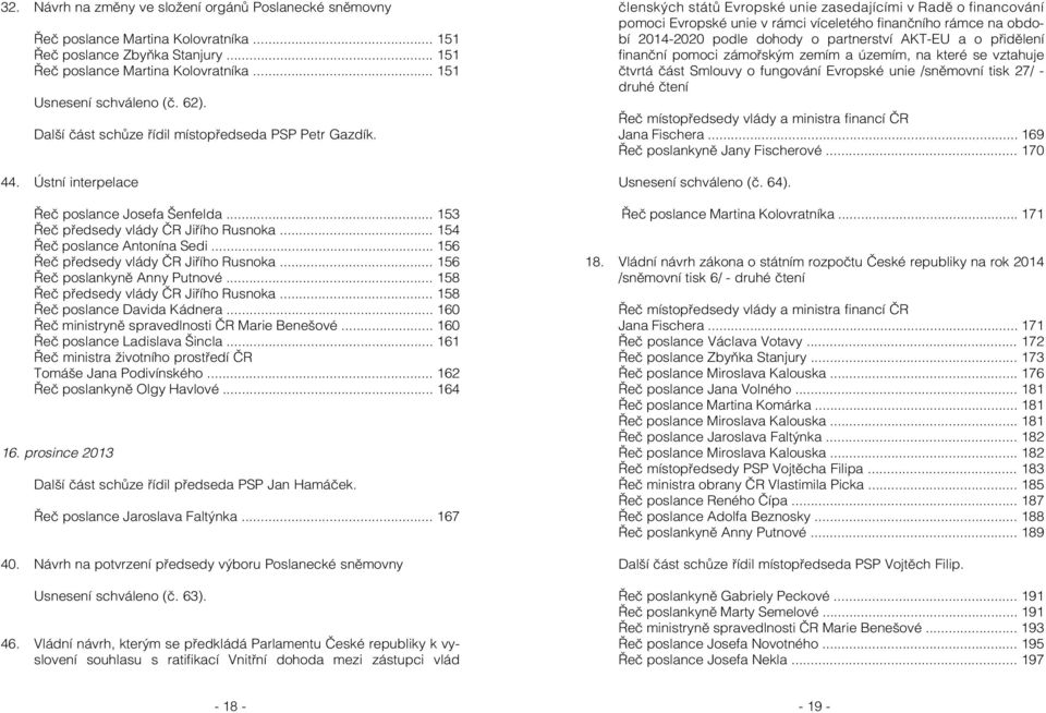 .. 156 Řeč předsedy vlády ČR Jiřího Rusnoka... 156 Řeč poslankyně Anny Putnové... 158 Řeč předsedy vlády ČR Jiřího Rusnoka... 158 Řeč poslance Davida Kádnera.