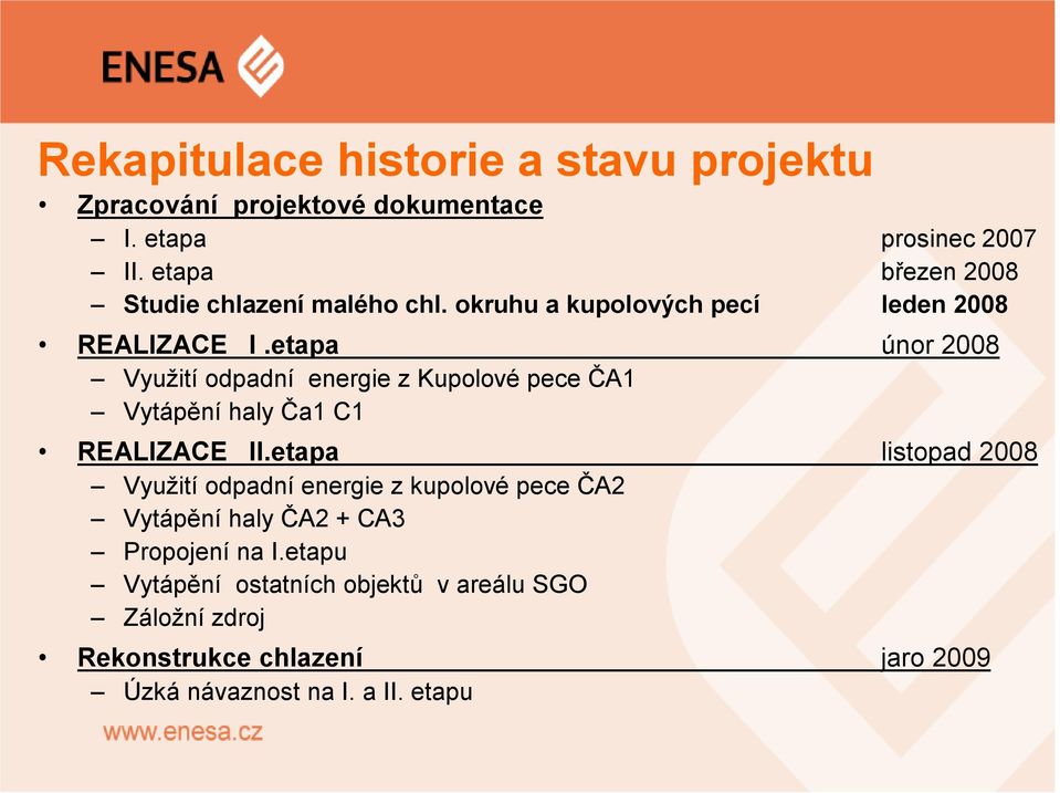 etapa únor 2008 Využitíodpadní energie z Kupolové pece ČA1 Vytápěníhaly Ča1 C1 REALIZACE II.