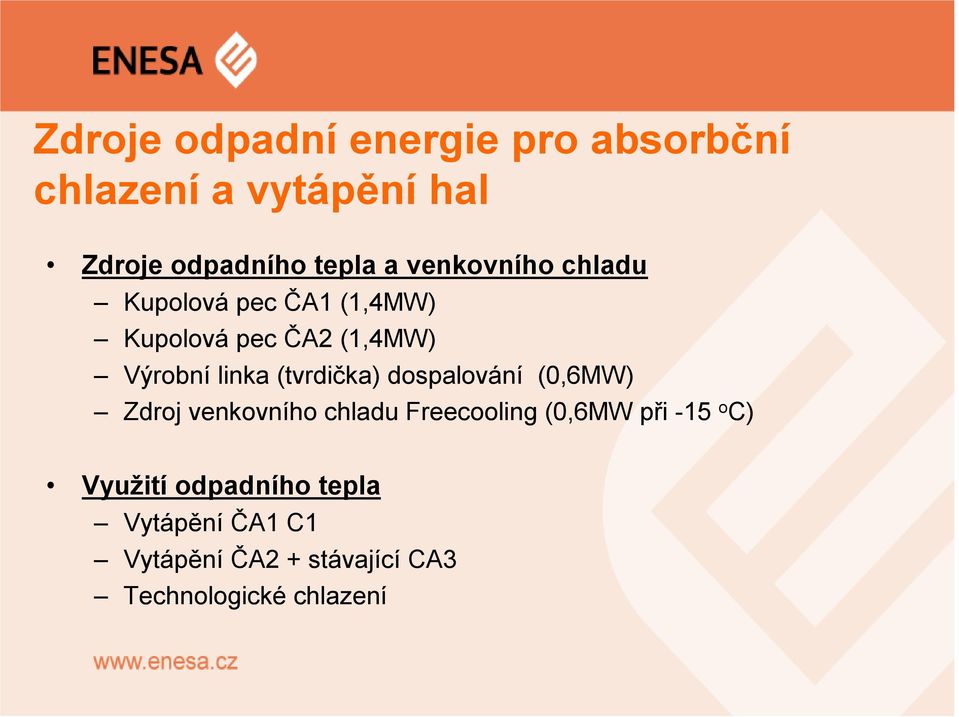 (tvrdička) dospalování (0,6MW) Zdroj venkovního chladu Freecooling (0,6MW při -15 o C)