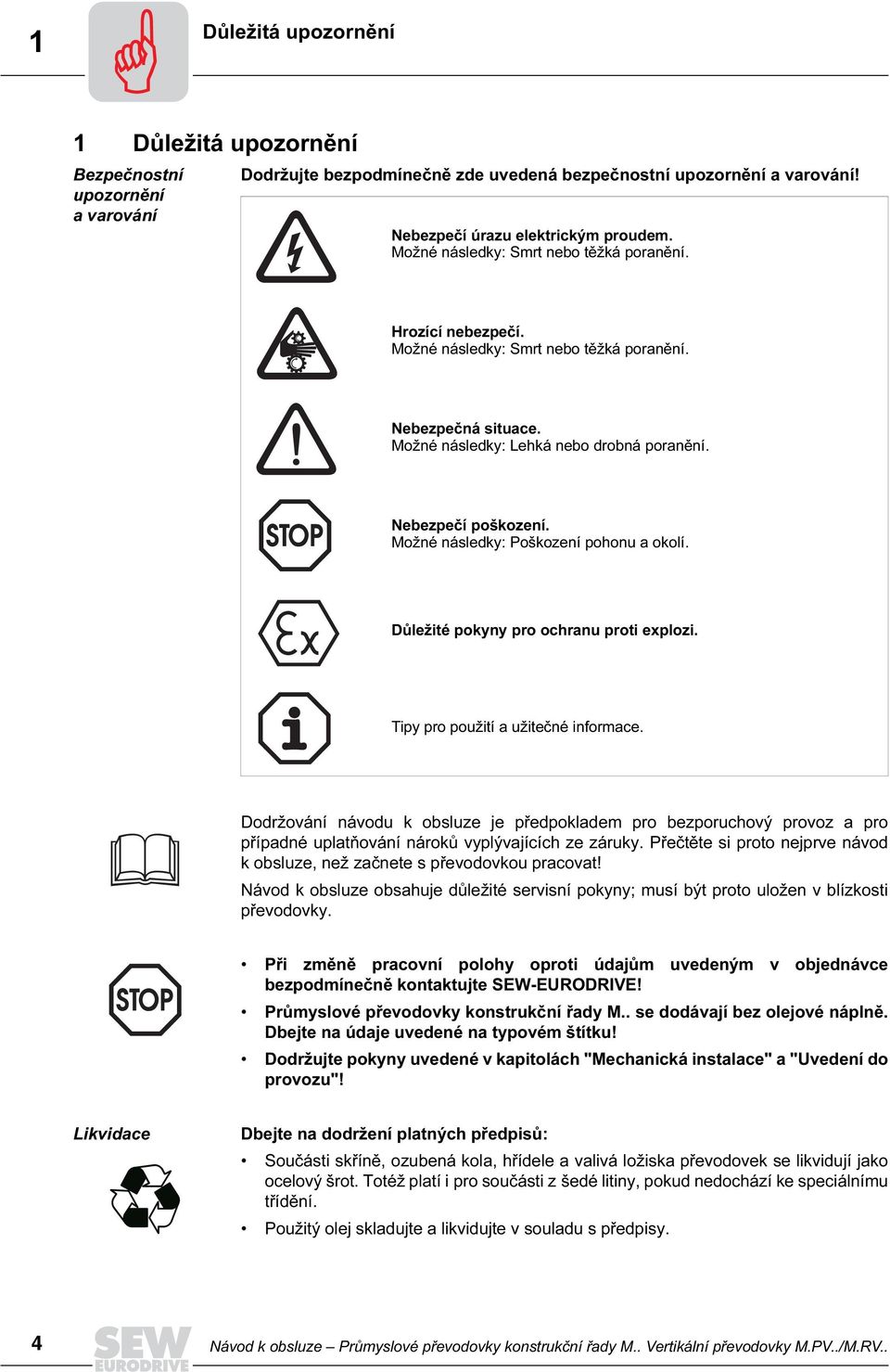 Možné následky: Lehká nebo drobná poranění. Nebezpečí poškození. Možné následky: Poškození pohonu a okolí. Důležité pokyny pro ochranu proti explozi. Tipy pro použití a užitečné informace.