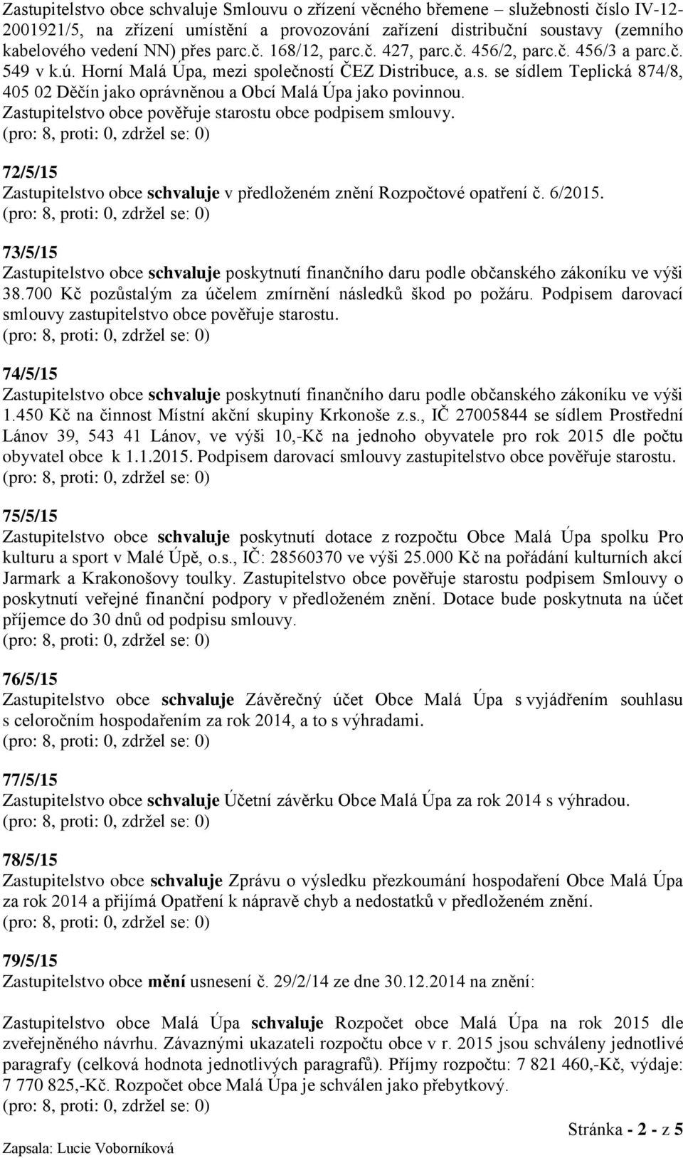 Zastupitelstvo obce pověřuje starostu obce podpisem smlouvy. 72/5/15 Zastupitelstvo obce schvaluje v předloženém znění Rozpočtové opatření č. 6/2015.