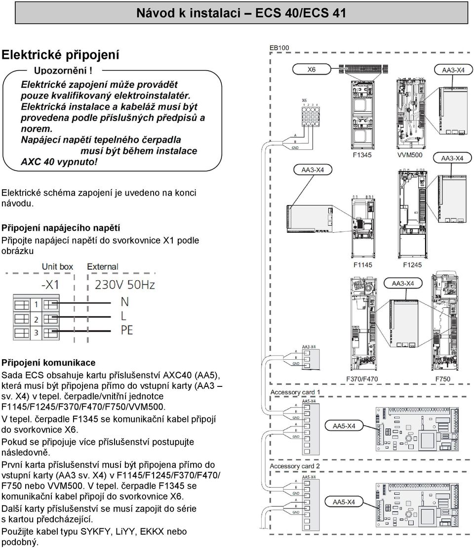 karty (AA3 sv. X4) v tepel. čerpadle/vnitřní jednotce F1145/F1245/F370/F470/F750/VVM500. V tepel. čerpadle F1345 se komunikační kabel připojí do svorkovnice X6.