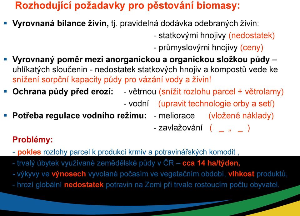 statkových hnojiv a kompostů vede ke snížení sorpční kapacity půdy pro vázání vody a živin!