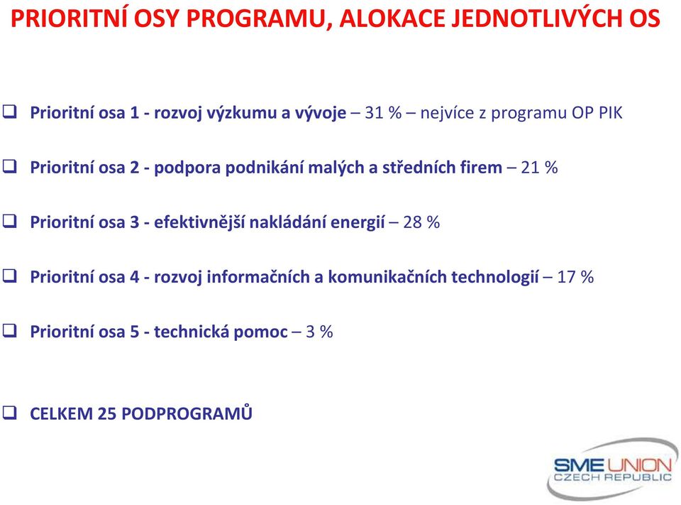 % Prioritní osa 3 - efektivnější nakládání energií 28 % Prioritní osa 4 - rozvoj