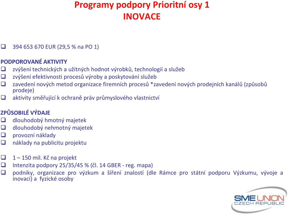 ochraně práv průmyslového vlastnictví ZPŮSOBILÉ VÝDAJE dlouhodobý hmotný majetek dlouhodobý nehmotný majetek provozní náklady náklady na publicitu projektu 1 150 mil.