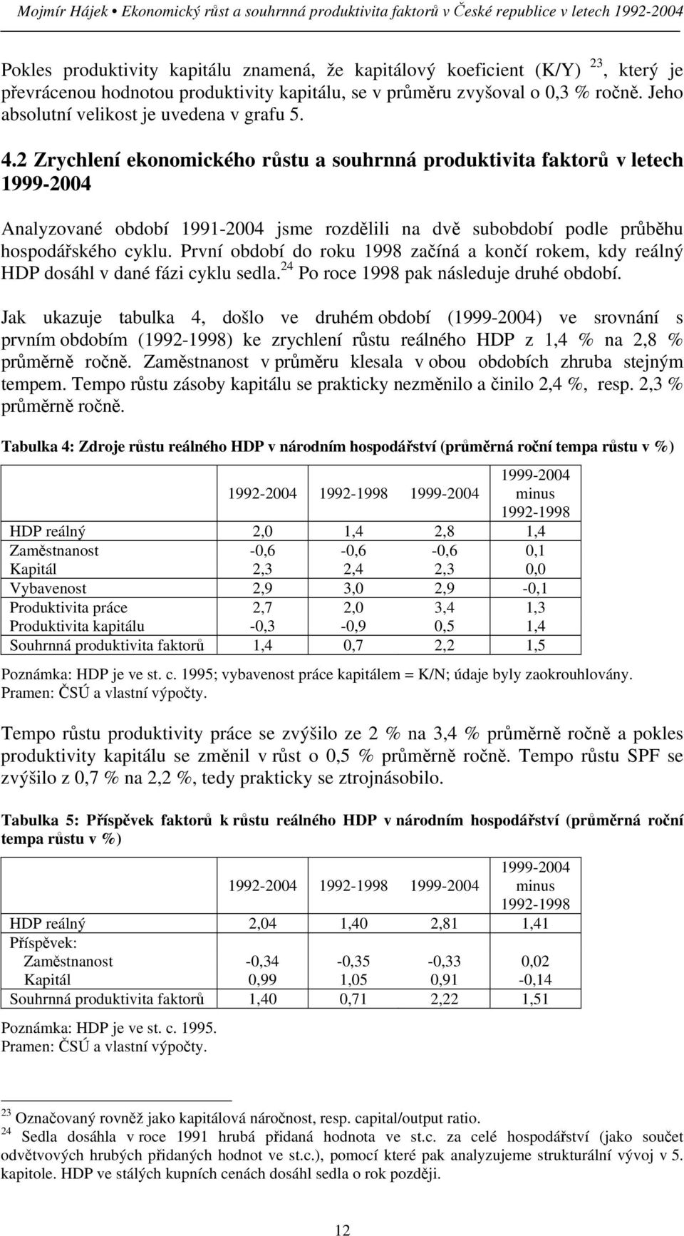 2 Zrychlení ekonomického růstu a souhrnná produktivita faktorů v letech 1999-2004 Analyzované období 1991-2004 jsme rozdělili na dvě subobdobí podle průběhu hospodářského cyklu.