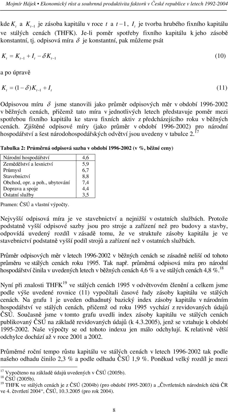 odpisová míra δ je konstantní, pak můžeme psát K = K + I δ K (10) t t 1 t t 1 a po úpravě K = (1 δ ) K + I (11) t t 1 t Odpisovou míru δ jsme stanovili jako průměr odpisových měr v období 1996-2002 v