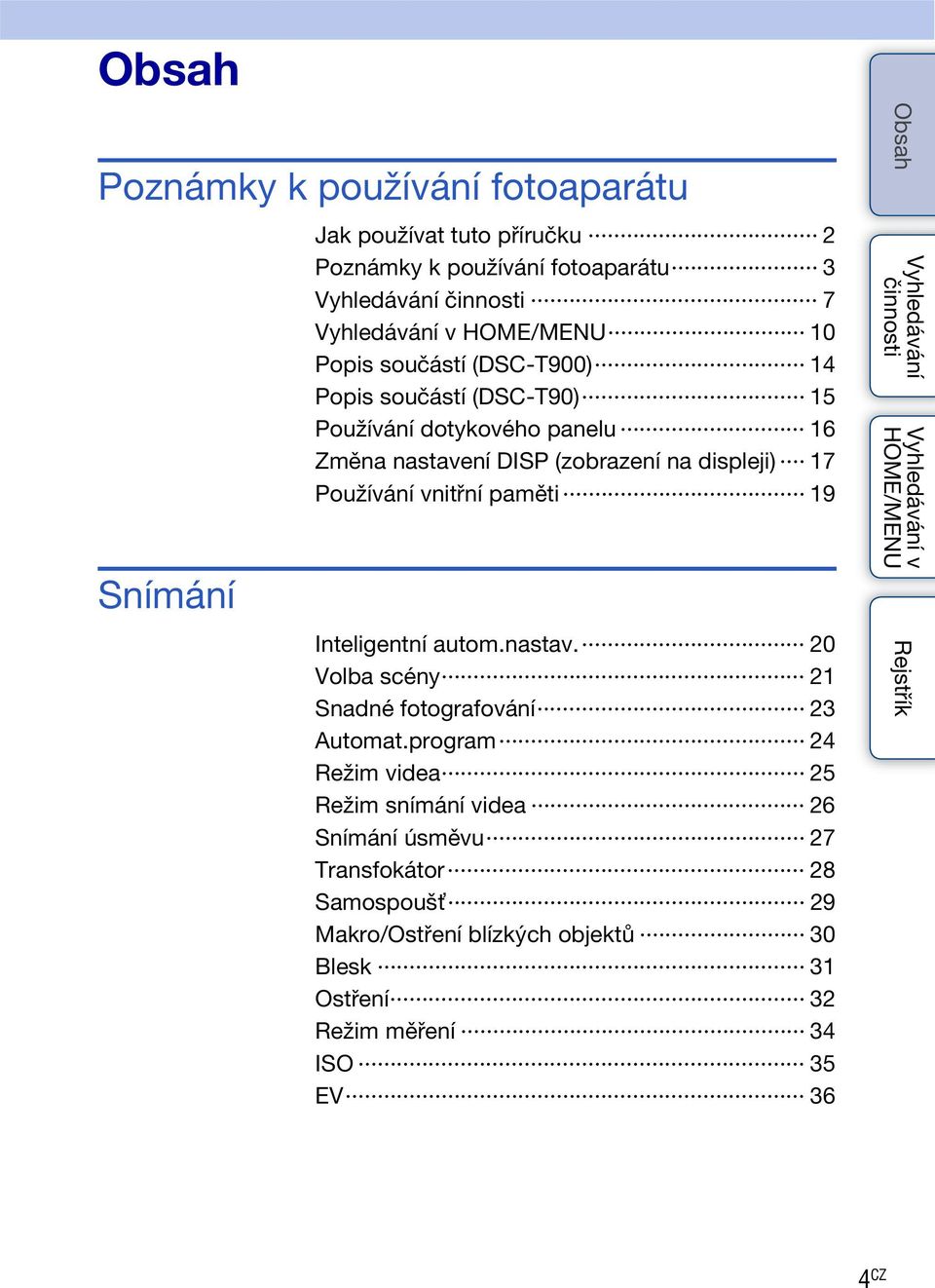 vnitřní paměti 19 Inteligentní autom.nastav. 20 Volba scény 21 Snadné fotografování 23 Automat.