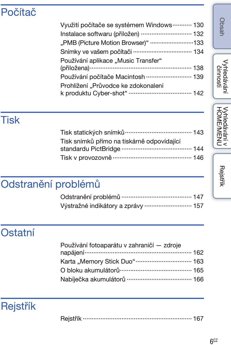 snímků 143 Tisk snímků přímo na tiskárně odpovídající standardu PictBridge 144 Tisk v provozovně 146 v Odstranění problémů Odstranění problémů 147 Výstražné