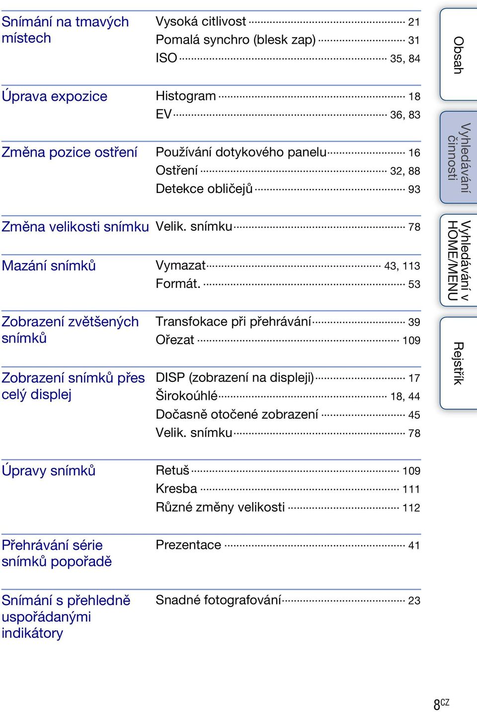 53 v Zobrazení zvětšených snímků Zobrazení snímků přes celý displej Transfokace při přehrávání 39 Ořezat 109 DISP (zobrazení na displeji) 17 Širokoúhlé 18, 44 Dočasně