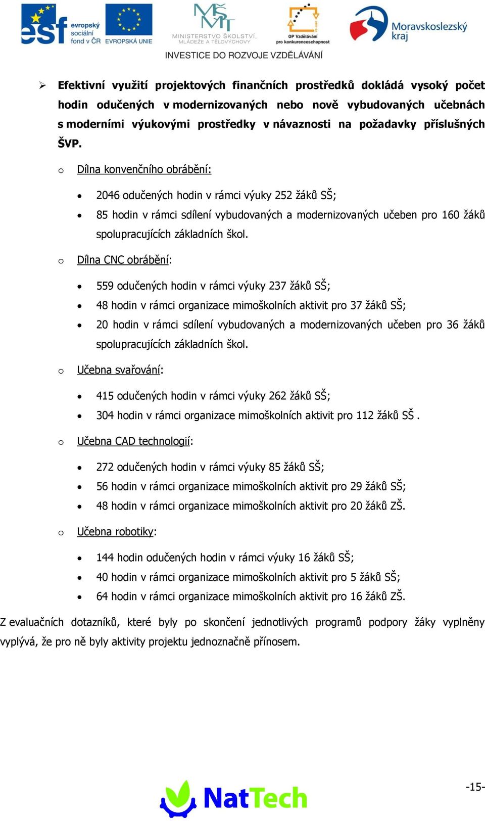 o Dílna konvenčního obrábění: 246 odučených hodin v rámci výuky 252 ţáků SŠ; 85 hodin v rámci sdílení vybudovaných a modernizovaných učeben pro 16 ţáků spolupracujících základních škol.