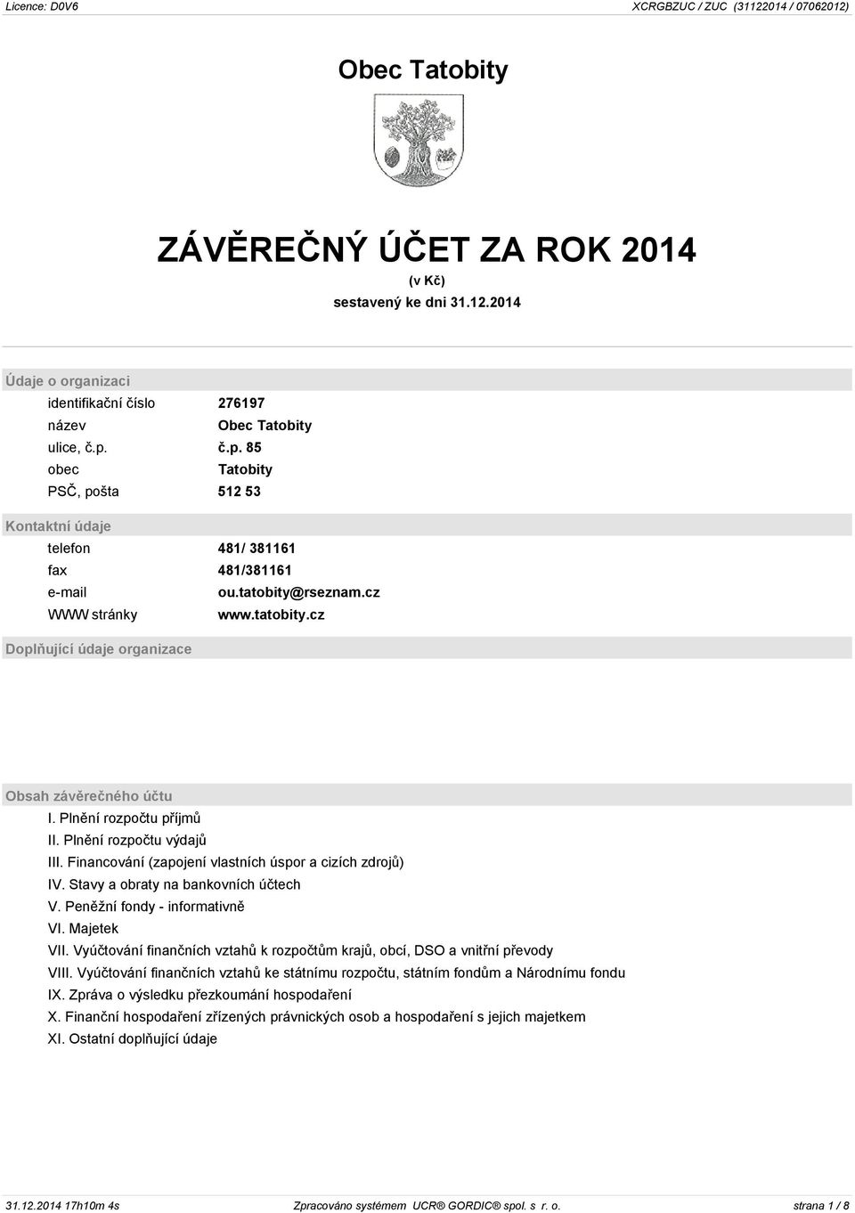 Plnění rozpočtu příjmů II. Plnění rozpočtu výdajů III. Financování (zapojení vlastních úspor a cizích zdrojů) IV. Stavy a obraty na bankovních účtech V. Peněžní fondy - informativně VI. Majetek VII.