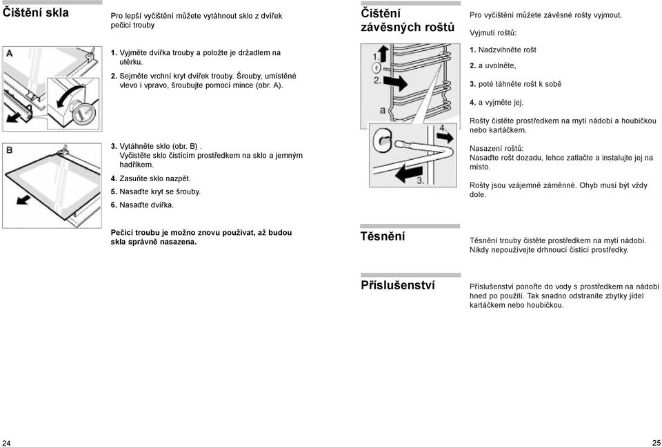 poté táhněte rošt k sobě 4. a vyjměte jej. Rošty čistěte prostředkem na mytí nádobí a houbičkou nebo kartáčkem. 3. Vytáhněte sklo (obr. B).