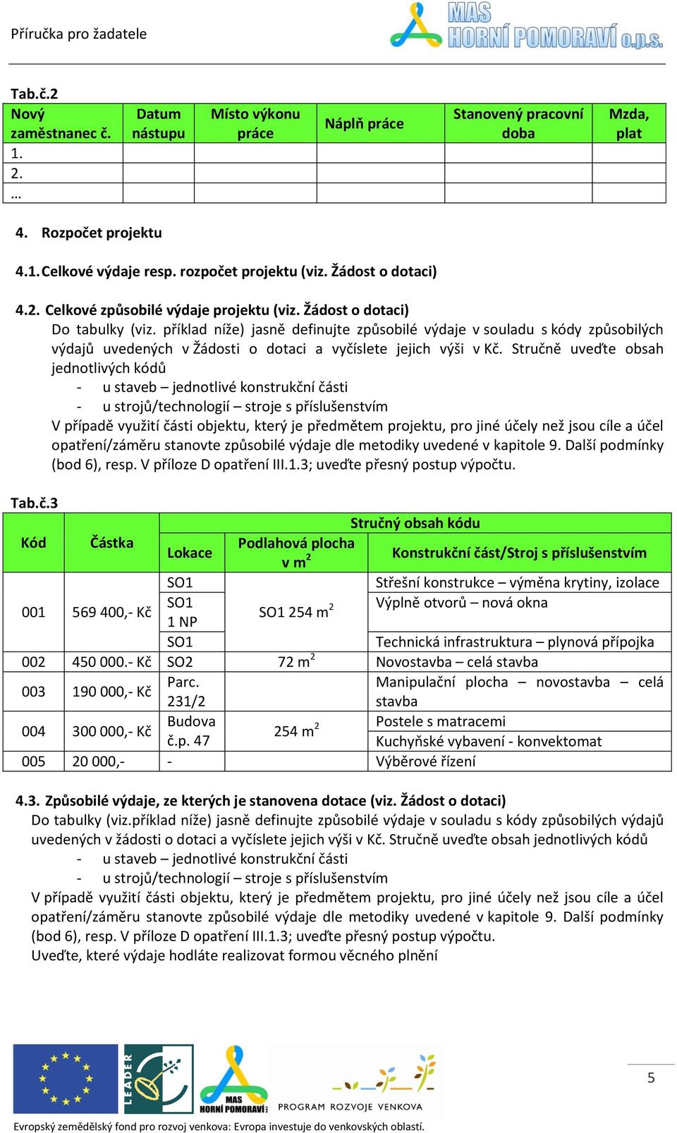 příklad níže) jasně definujte způsobilé výdaje v souladu s kódy způsobilých výdajů uvedených v Žádosti o dotaci a vyčíslete jejich výši v Kč.