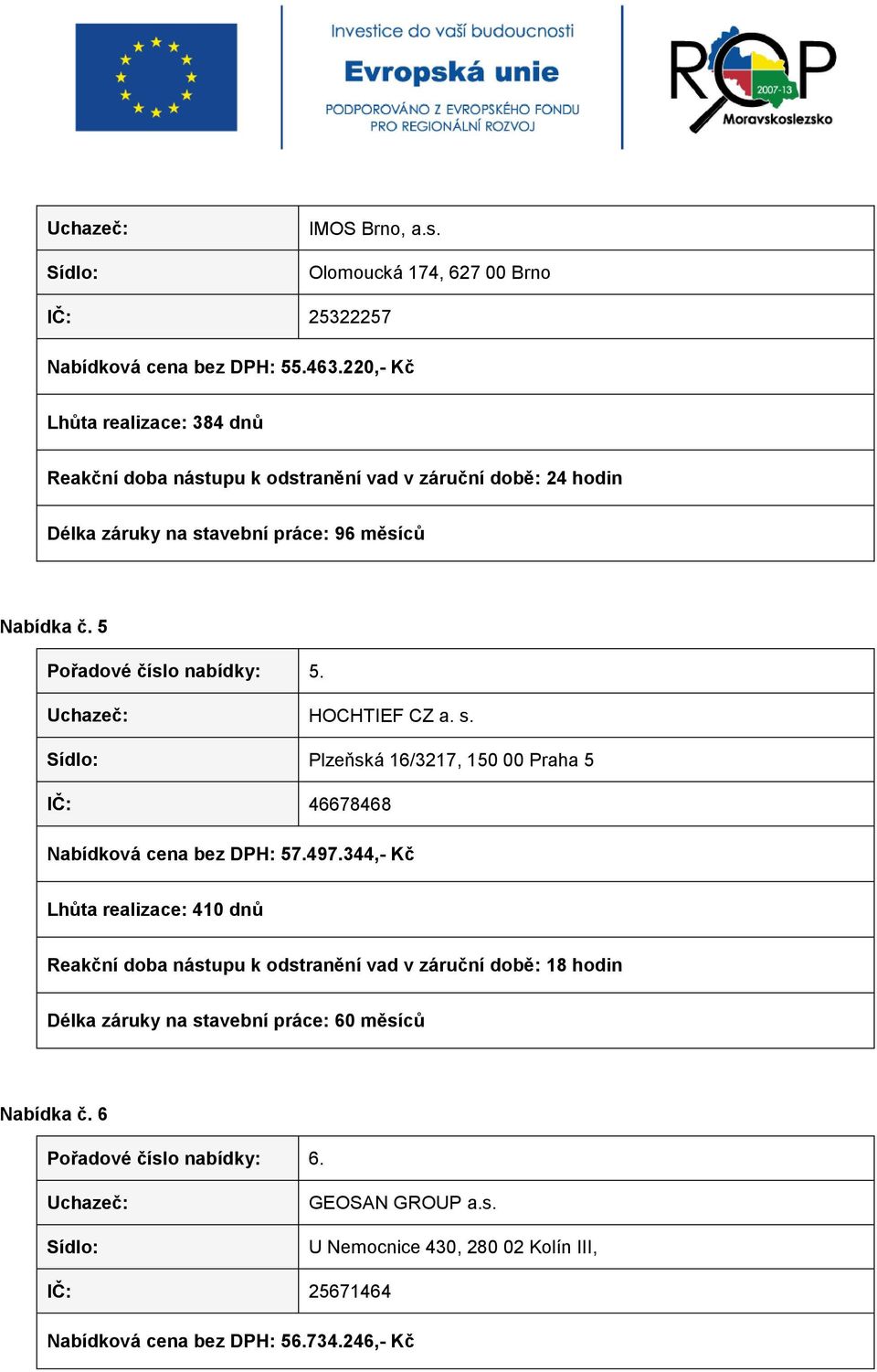 5 Pořadové číslo nabídky: 5. Uchazeč: HOCHTIEF CZ a. s. Sídlo: Plzeňská 16/3217, 150 00 Praha 5 IČ: 46678468 Nabídková cena bez DPH: 57.497.