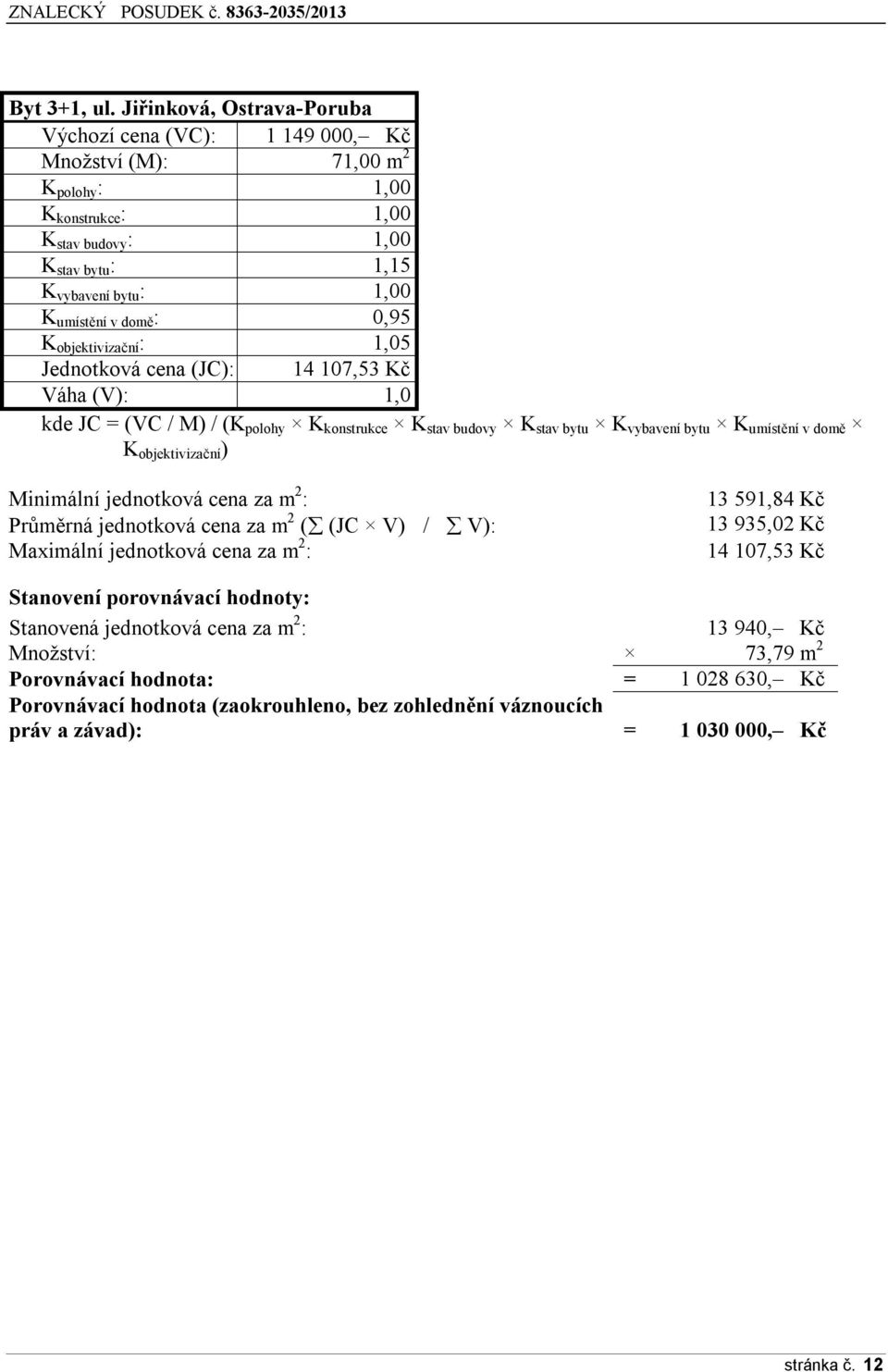 : 0,95 K objektivizační : 1,05 Jednotková cena (JC): 14 107,53 Kč Váha (V): 1,0 kde JC = (VC / M) / (K polohy K konstrukce K stav budovy K stav bytu K vybavení bytu K umístění v domě K objektivizační