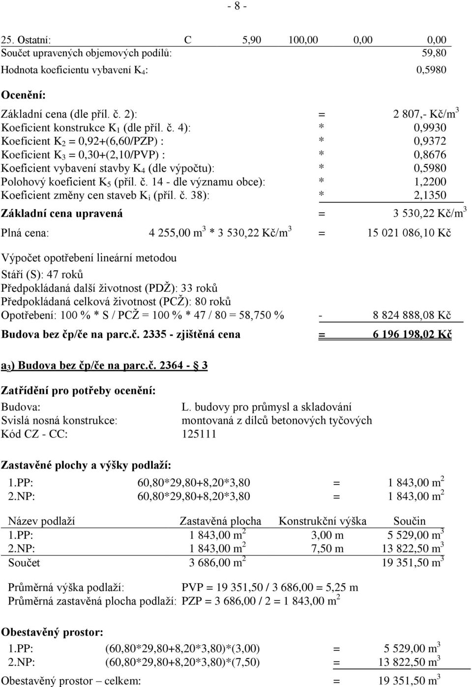 4): * 0,9930 Koeficient K 2 = 0,92+(6,60/PZP) : * 0,9372 Koeficient K 3 = 0,30+(2,10/PVP) : * 0,8676 Koeficient vybavení stavby K 4 (dle výpočtu): * 0,5980 Polohový koeficient K 5 (příl. č.