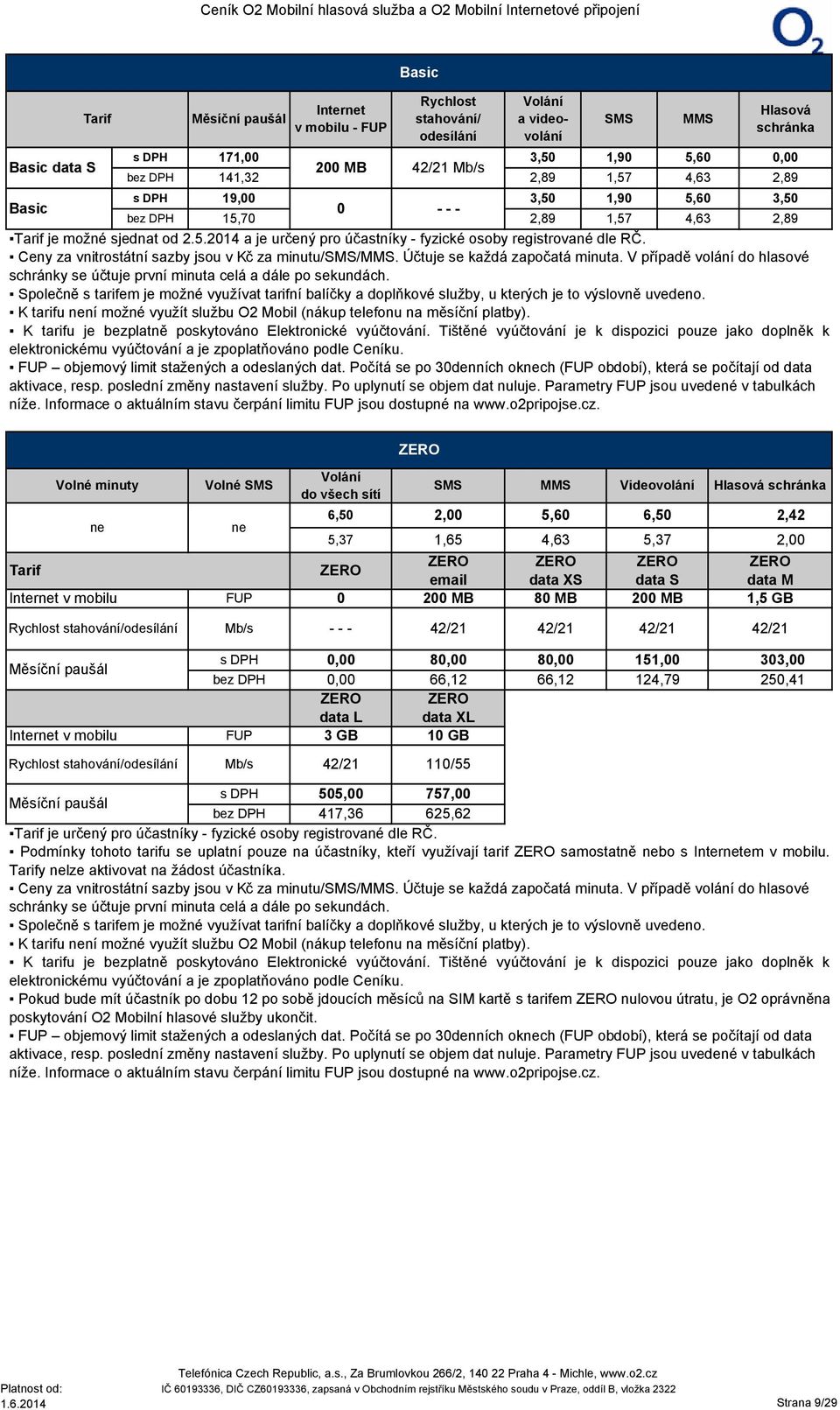 Ceny za vnitrostátní sazby jsou v Kč za minutu/sms/mms. Účtuje se každá započatá minuta. V případě volání do hlasové schránky se účtuje první minuta celá a dále po sekundách.