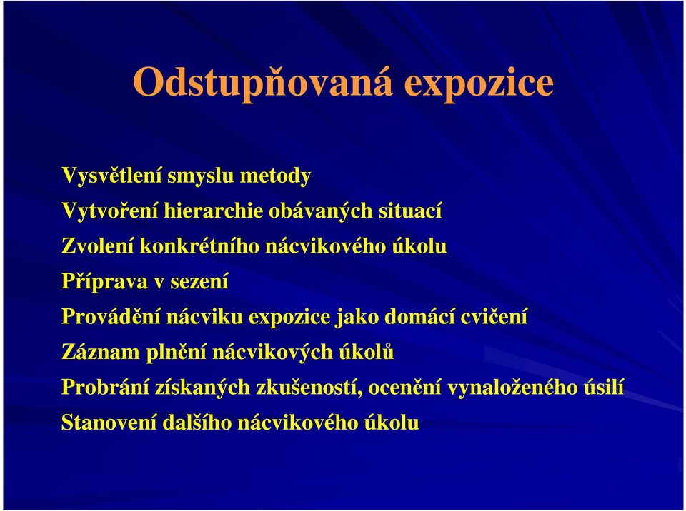 nácviku expozice jako domácí cvičení Záznam plnění nácvikových úkolů Probrání