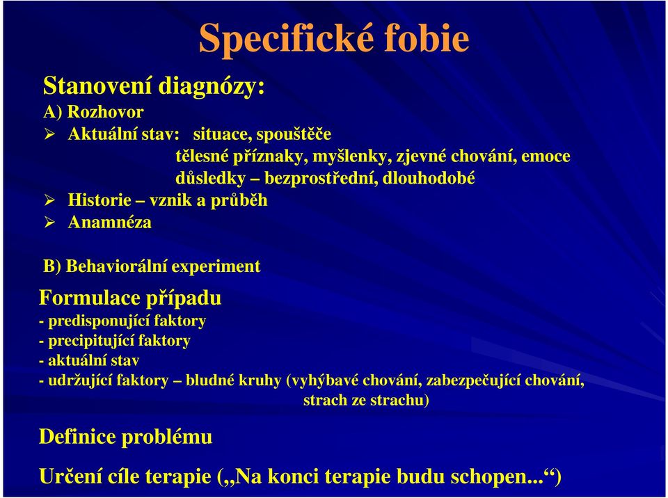 případu - predisponující faktory - precipitující faktory - aktuální stav - udržující faktory bludné kruhy (vyhýbavé