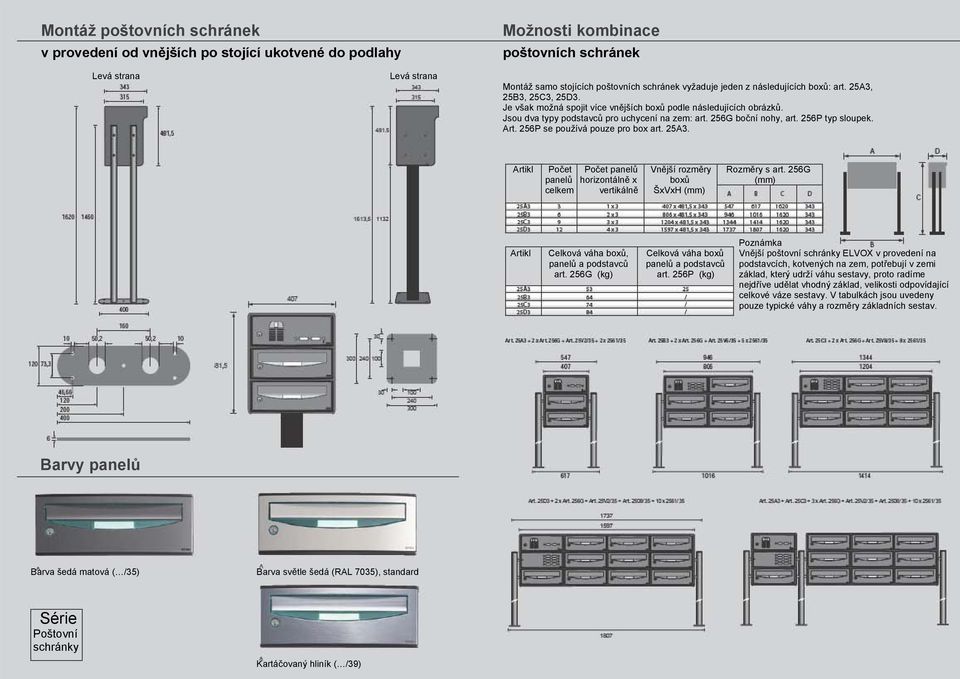 256P typ sloupek. Art. 256P se používá pouze pro box art. 25A3. Artikl Počet Počet panelů Vnější rozměry Rozměry s art.