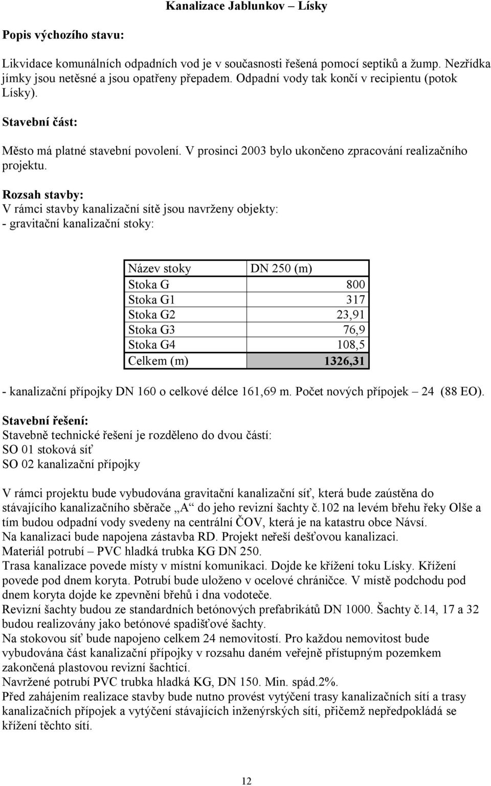 Rozsah stavby: V rámci stavby kanalizační sítě jsou navrženy objekty: - gravitační kanalizační stoky: Název stoky DN 250 (m) Stoka G 800 Stoka G1 317 Stoka G2 23,91 Stoka G3 76,9 Stoka G4 108,5