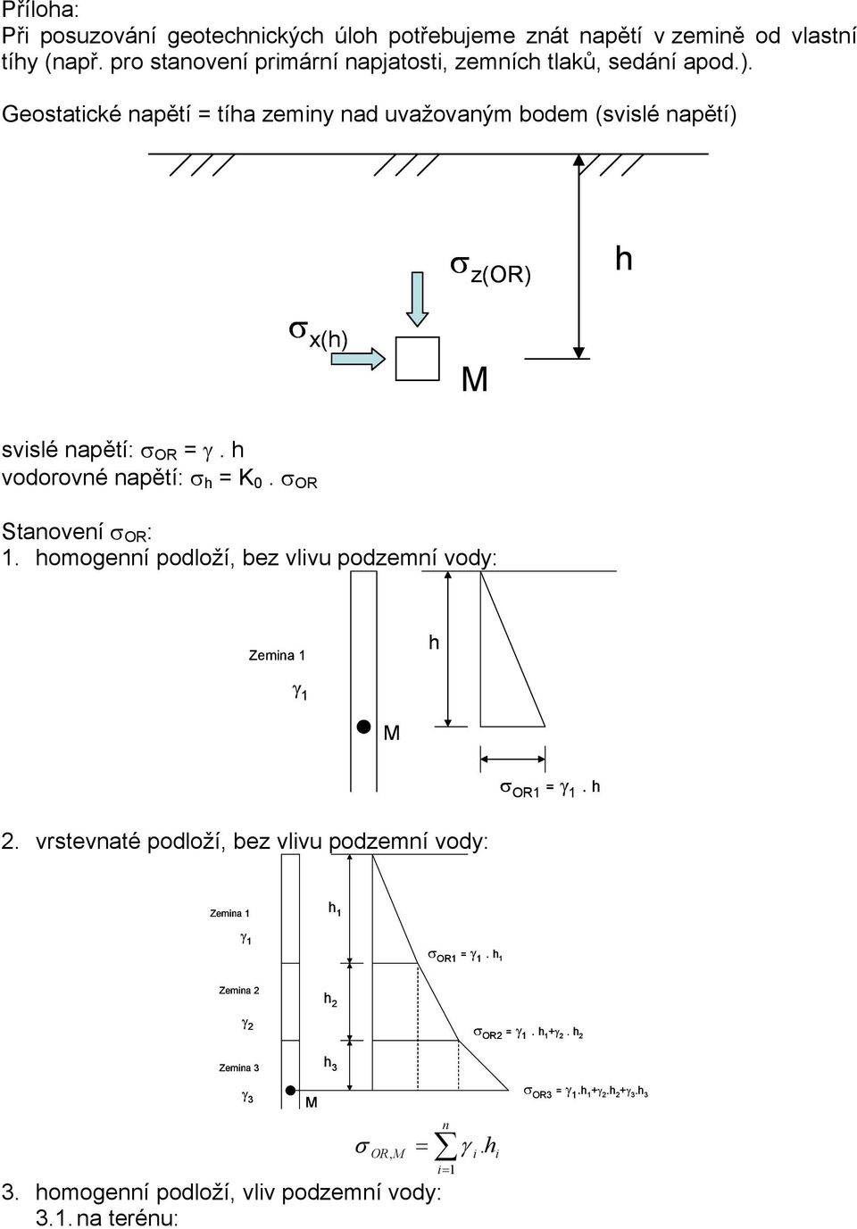 σ OR Stanovení σ OR : 1. homogenní podloží, bez vlivu podzemní vody: Zemina 1 h γ 1 M σ OR1 = γ 1. h 2.