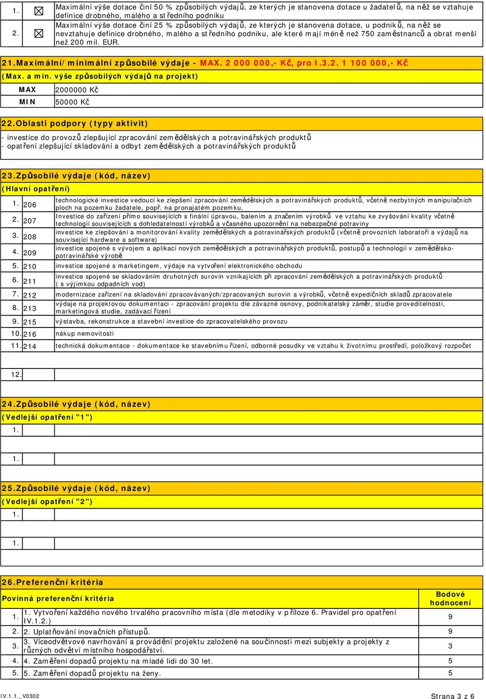 EUR. 2Maximální/minimální způsobilé výdaje - MAX. 2 000 000,- Kč, pro I. 1 100 000,- Kč (Max. a min.