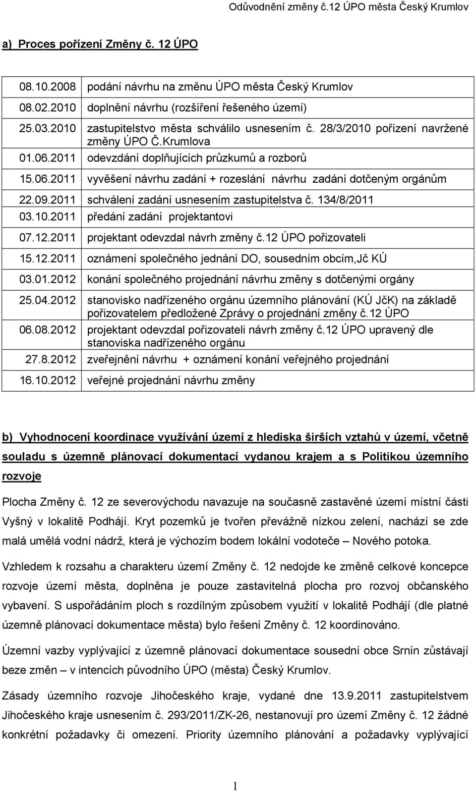 09.2011 schválení zadání usnesením zastupitelstva č. 134/8/2011 03.10.2011 předání zadání projektantovi 07.12.2011 projektant odevzdal návrh změny č.12 ÚPO pořizovateli 15.12.2011 oznámení společného jednání DO, sousedním obcím,jč KÚ 03.