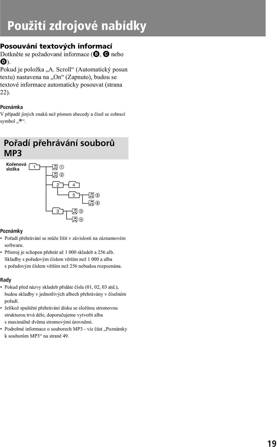 Pořadí přehrávání souborů MP Kořenová složka 4 5 4 5 6 Poznámky Pořadí přehrávání se může lišit v závislosti na záznamovém softwaru. Přístroj je schopen přehrát až 000 skladeb a 56 alb.