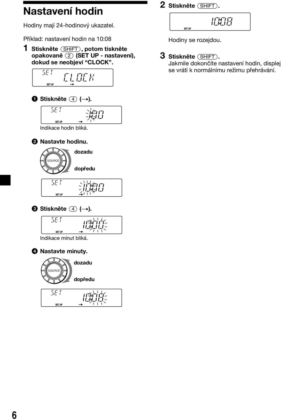 CLOCK. 2 Stiskněte (SHIFT). Hodiny se rozejdou. 3 Stiskněte (SHIFT).