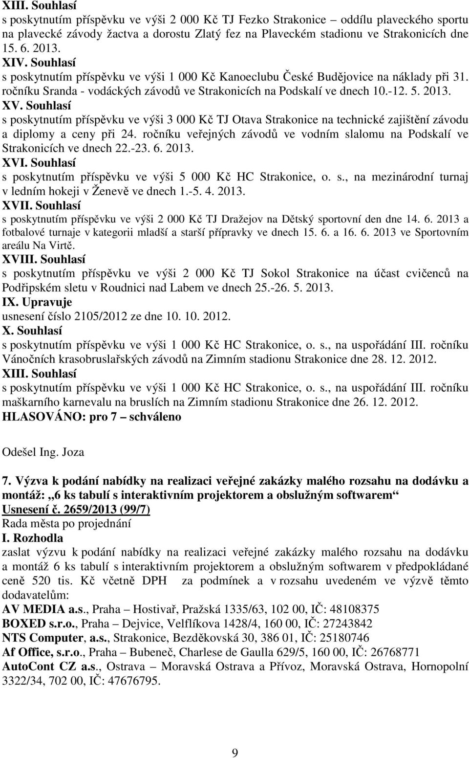 Souhlasí s poskytnutím příspěvku ve výši 3 000 Kč TJ Otava Strakonice na technické zajištění závodu a diplomy a ceny při 24.