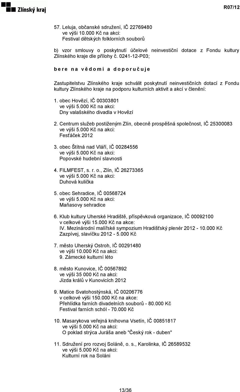 0241-12-P03; bere na vědomí a doporučuje Zastupitelstvu Zlínského kraje schválit poskytnutí neinvestičních dotací z Fondu kultury Zlínského kraje na podporu kulturních aktivit a akcí v členění: 1.