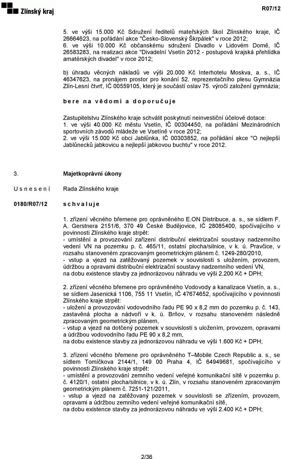 výši 20.000 Kč Interhotelu Moskva, a. s., IČ 46347623, na pronájem prostor pro konání 52. reprezentačního plesu Gymnázia Zlín-Lesní čtvrť, IČ 00559105, který je součástí oslav 75.