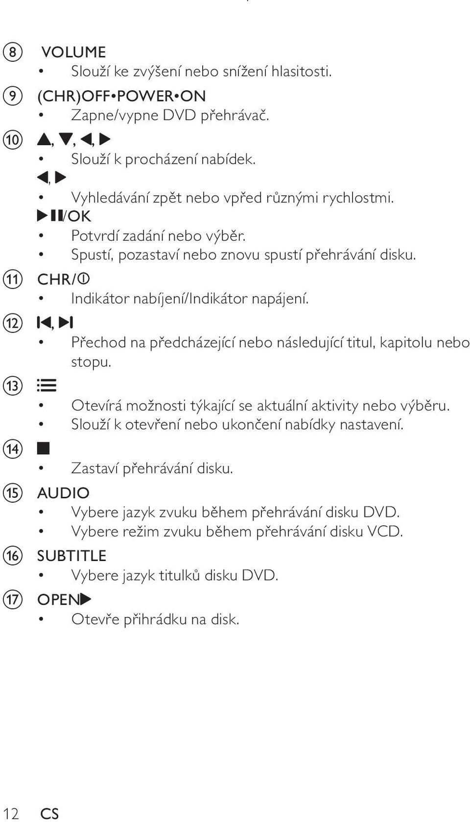 k CHR/ Indikátor nabíjení/indikátor napájení. l, Přechod na předcházející nebo následující titul, kapitolu nebo stopu.