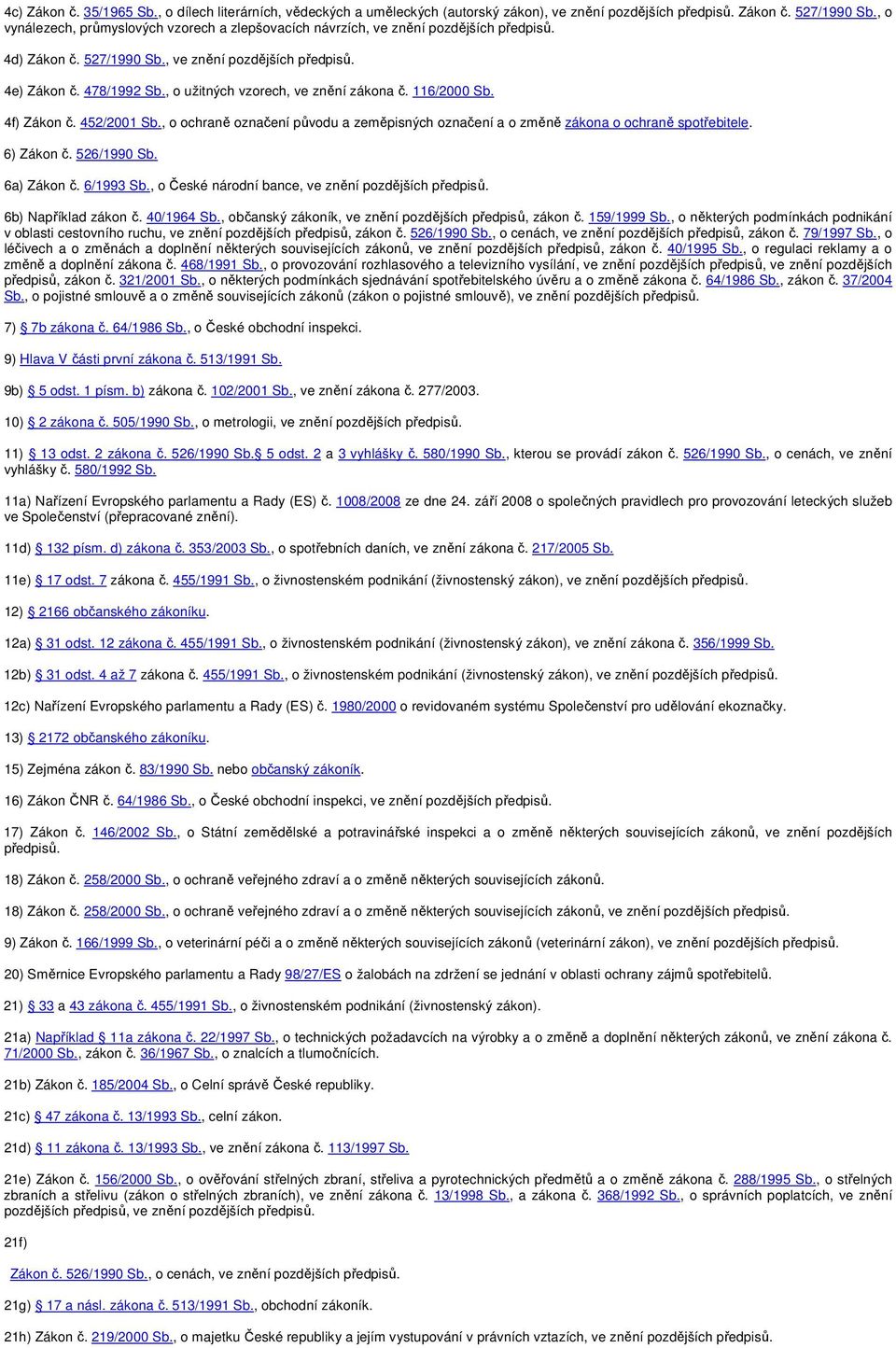 , o užitných vzorech, ve znění zákona č. 116/2000 Sb. 4f) Zákon č. 452/2001 Sb., o ochraně označení původu a zeměpisných označení a o změně zákona o ochraně spotřebitele. 6) Zákon č. 526/1990 Sb.