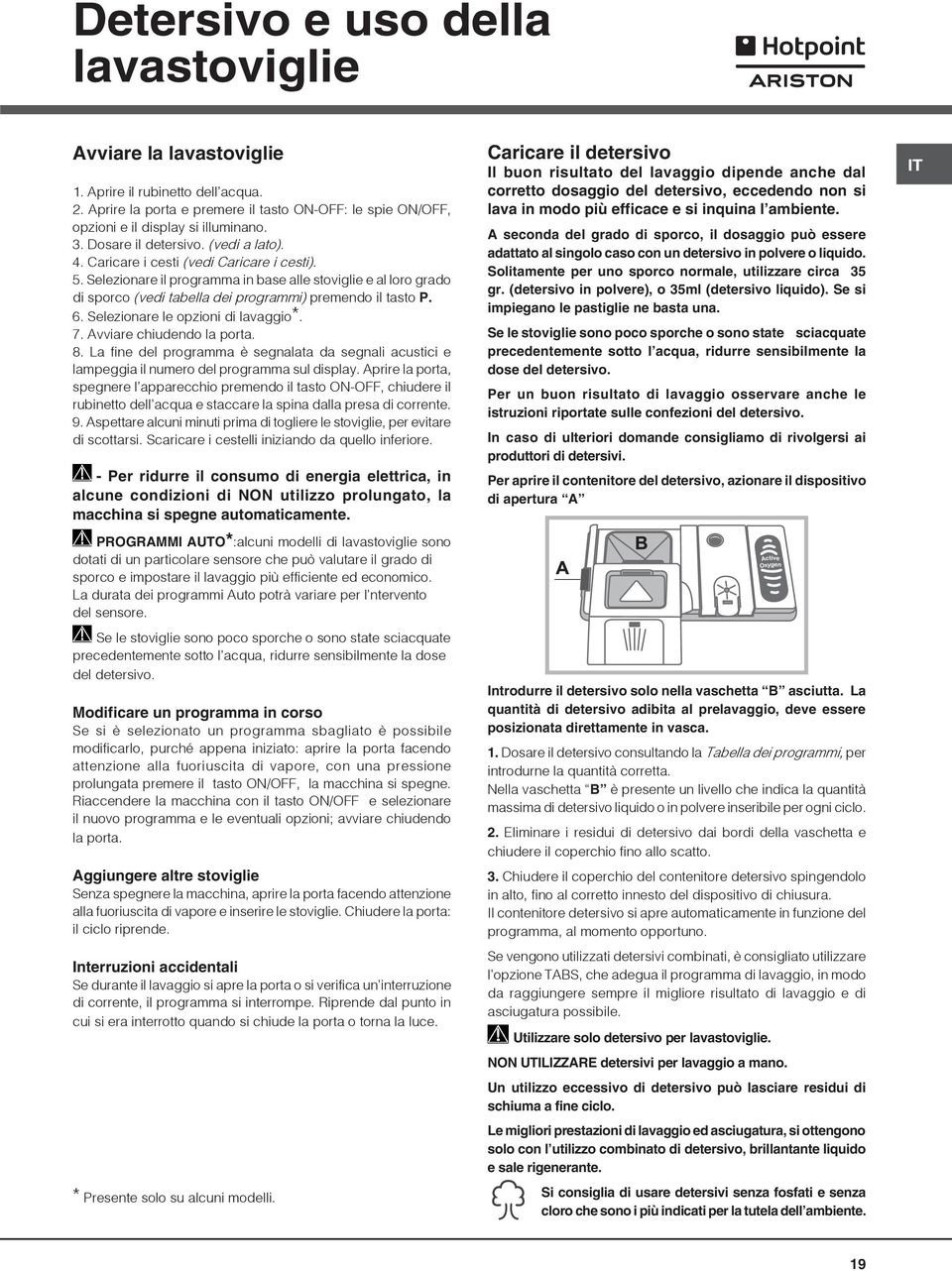 Selezionare il programma in base alle stoviglie e al loro grado di sporco (vedi tabella dei programmi) premendo il tasto P. 6. Selezionare le opzioni di lavaggio*. 7. Avviare chiudendo la porta. 8.