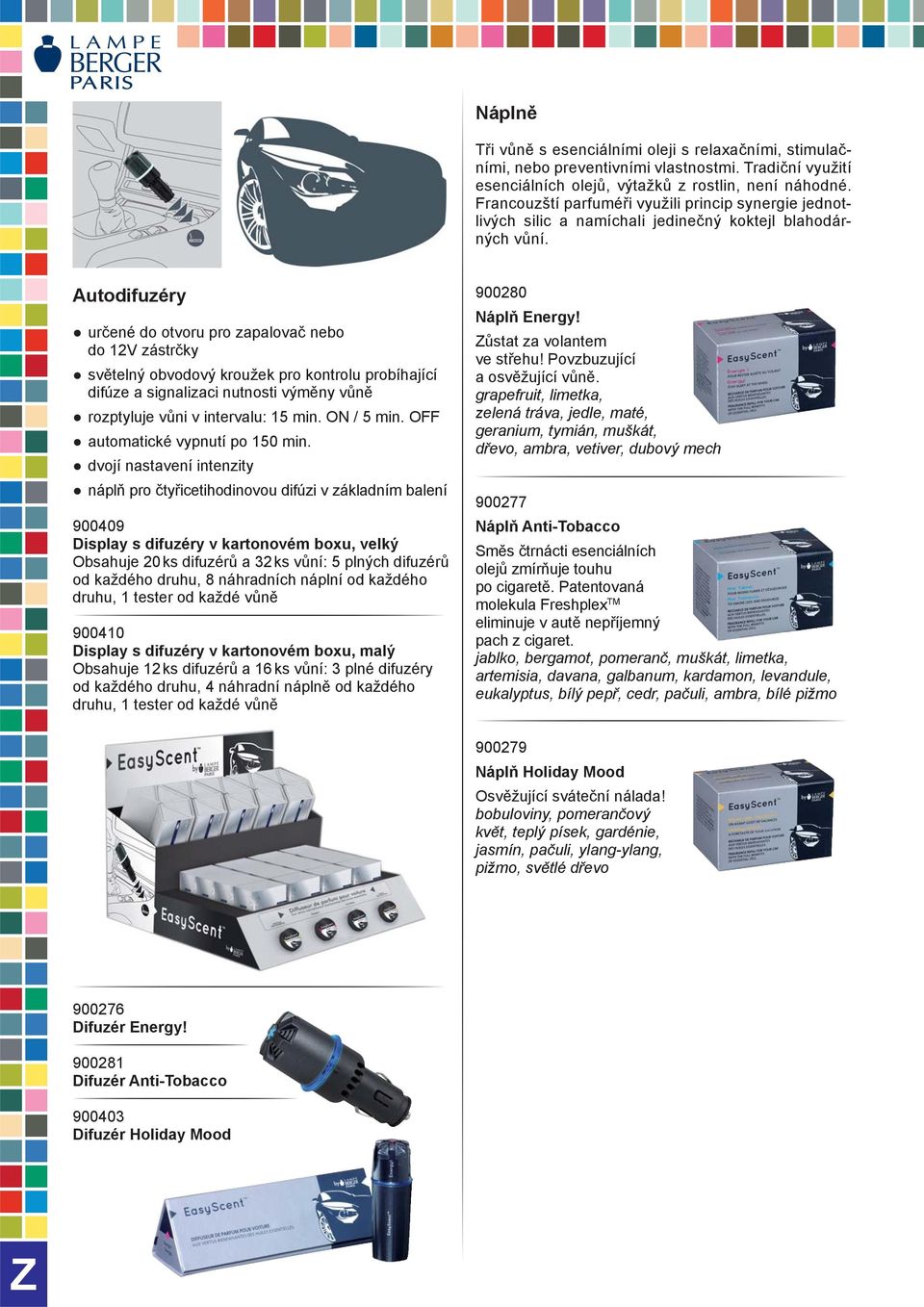 Autodifuzéry určené do otvoru pro zapalovač nebo do 12V zástrčky světelný obvodový kroužek pro kontrolu probíhající difúze a signalizaci nutnosti výměny vůně rozptyluje vůni v intervalu: 15 min.