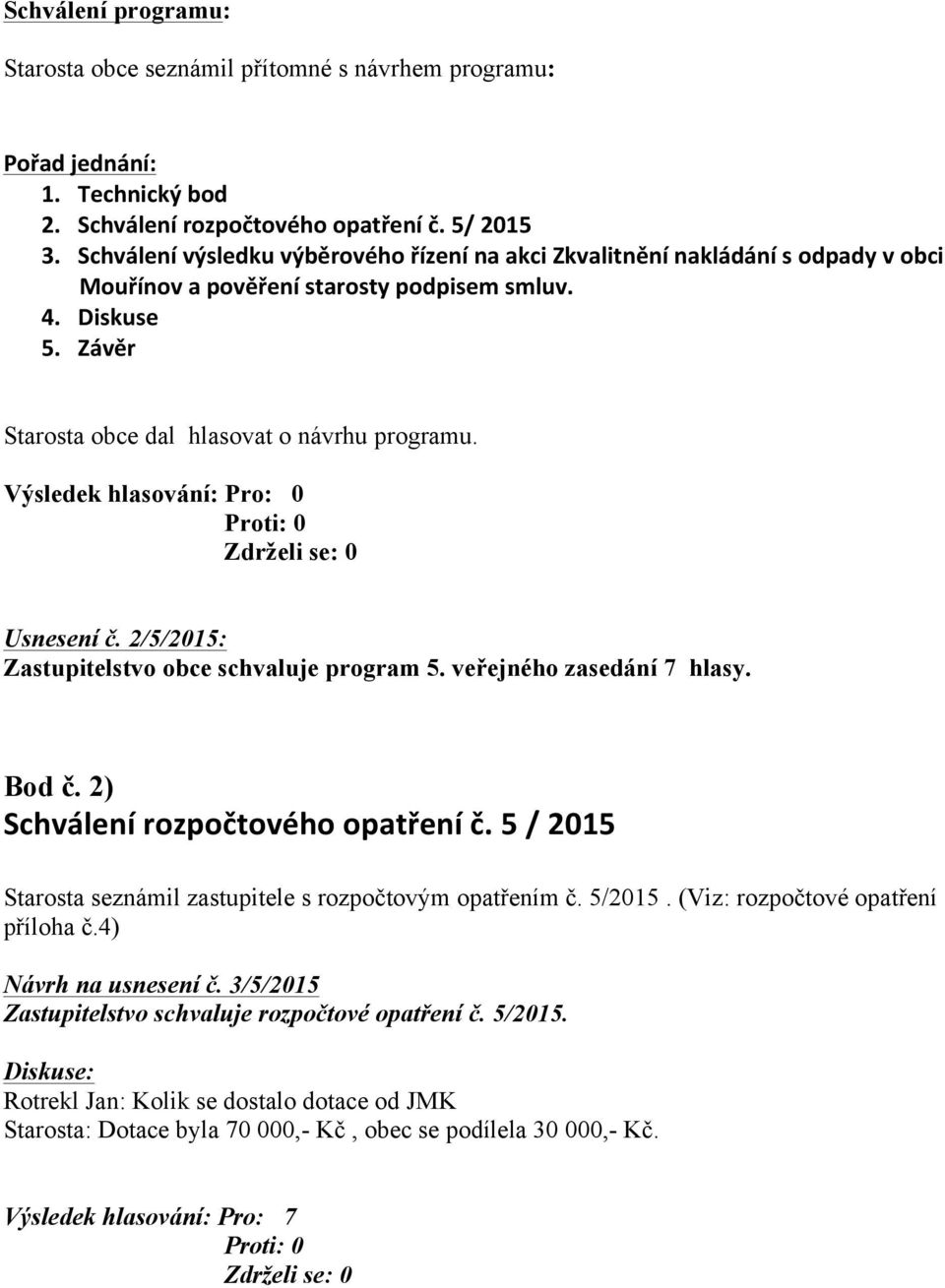 Výsledek hlasování: Pro: 0 Proti: 0 Zdrželi se: 0 Usnesení č. 2/5/2015: Zastupitelstvo obce schvaluje program 5. veřejného zasedání 7 hlasy. Bod č. 2) Schválení rozpočtového opatření č.