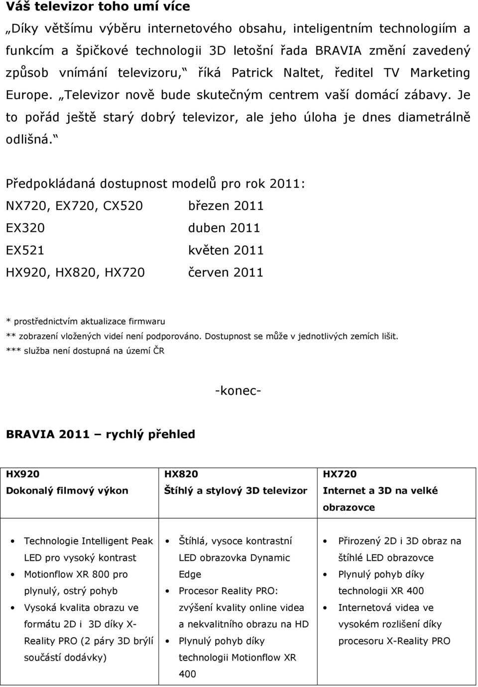 Předpokládaná dostupnost modelů pro rok 2011: NX720, EX720, CX520 březen 2011 EX320 duben 2011 EX521 květen 2011 HX920, HX820, HX720 červen 2011 * prostřednictvím aktualizace firmwaru ** zobrazení